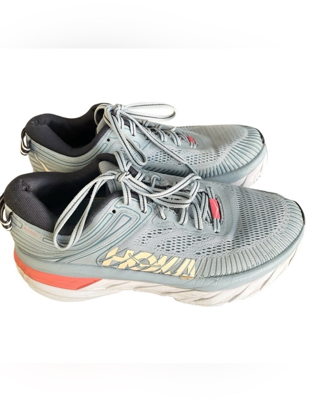 HOKA Bondi 7 Women’s Running Shoes Blue/Coral Orange Wide US 7.5 Athletic Sneake